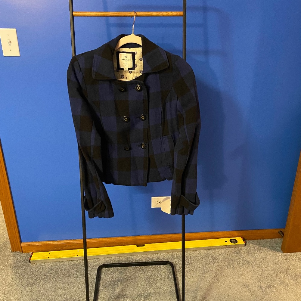 Navy and black plaid pea coat